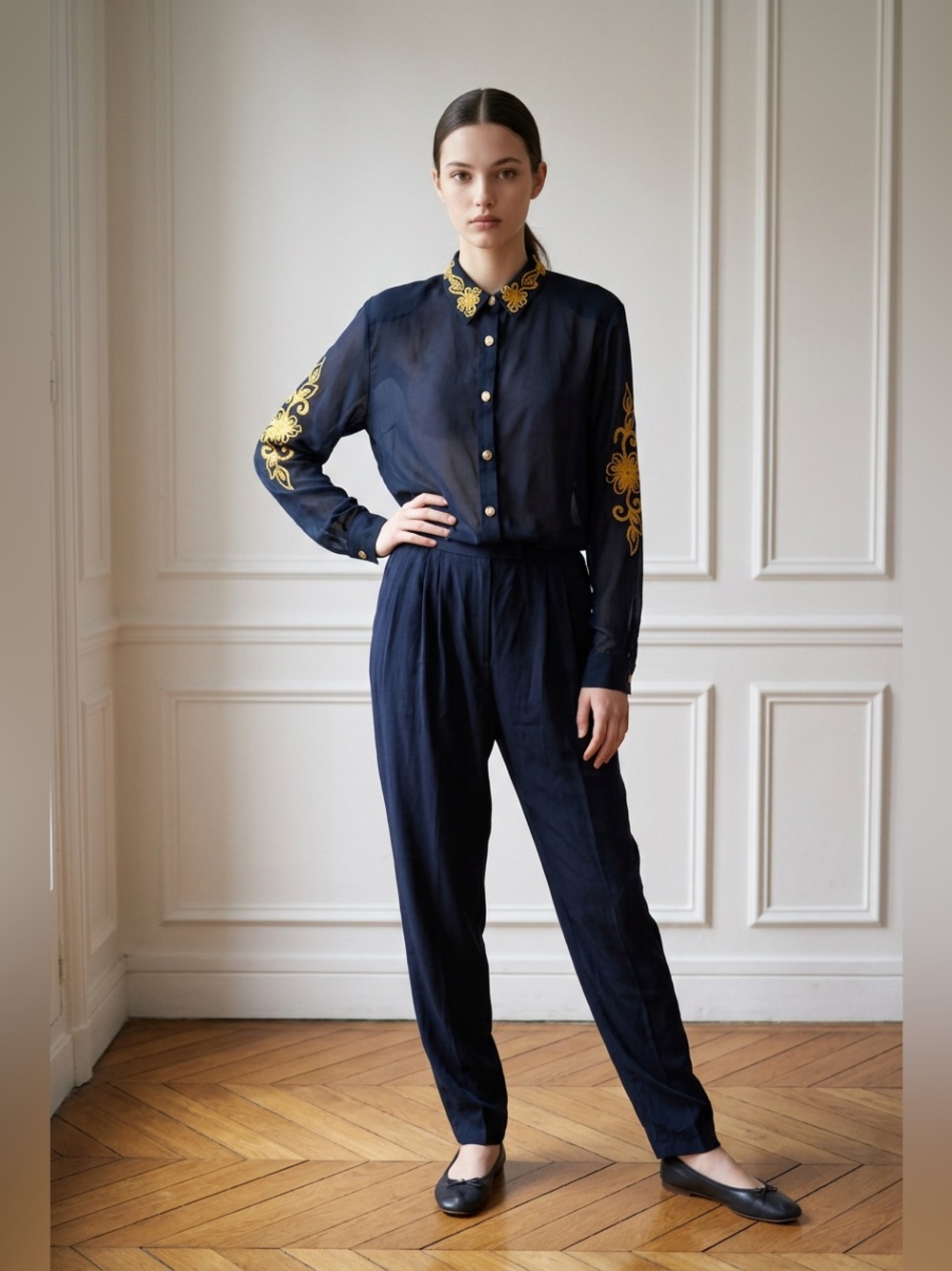 80s Jumpsuit Stirrups PG Collection by Ginger Bort Romper Gold Embroidery XL - Picture 4 of 14